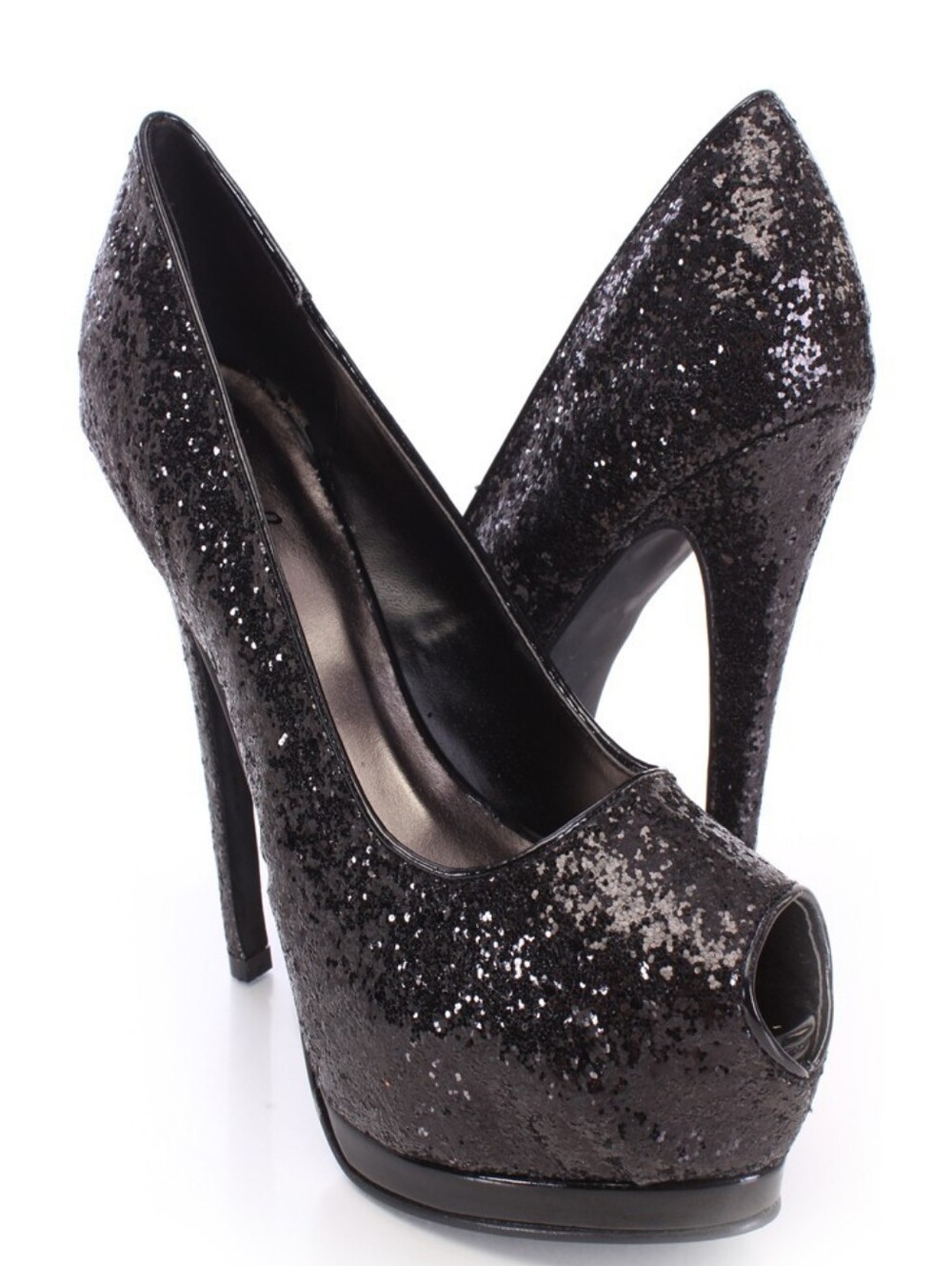 Black Glitter Peep-Toe High Heels
